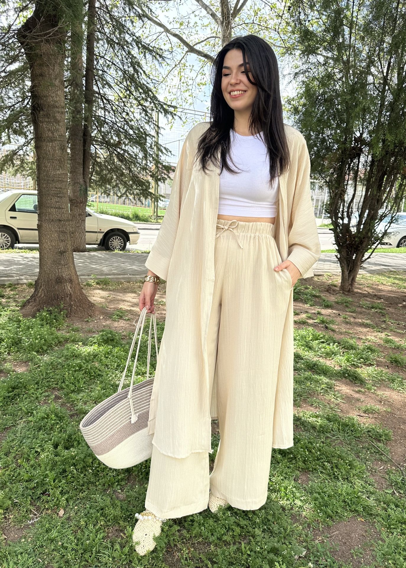 Uzun Kimono Gofre Takım Krem