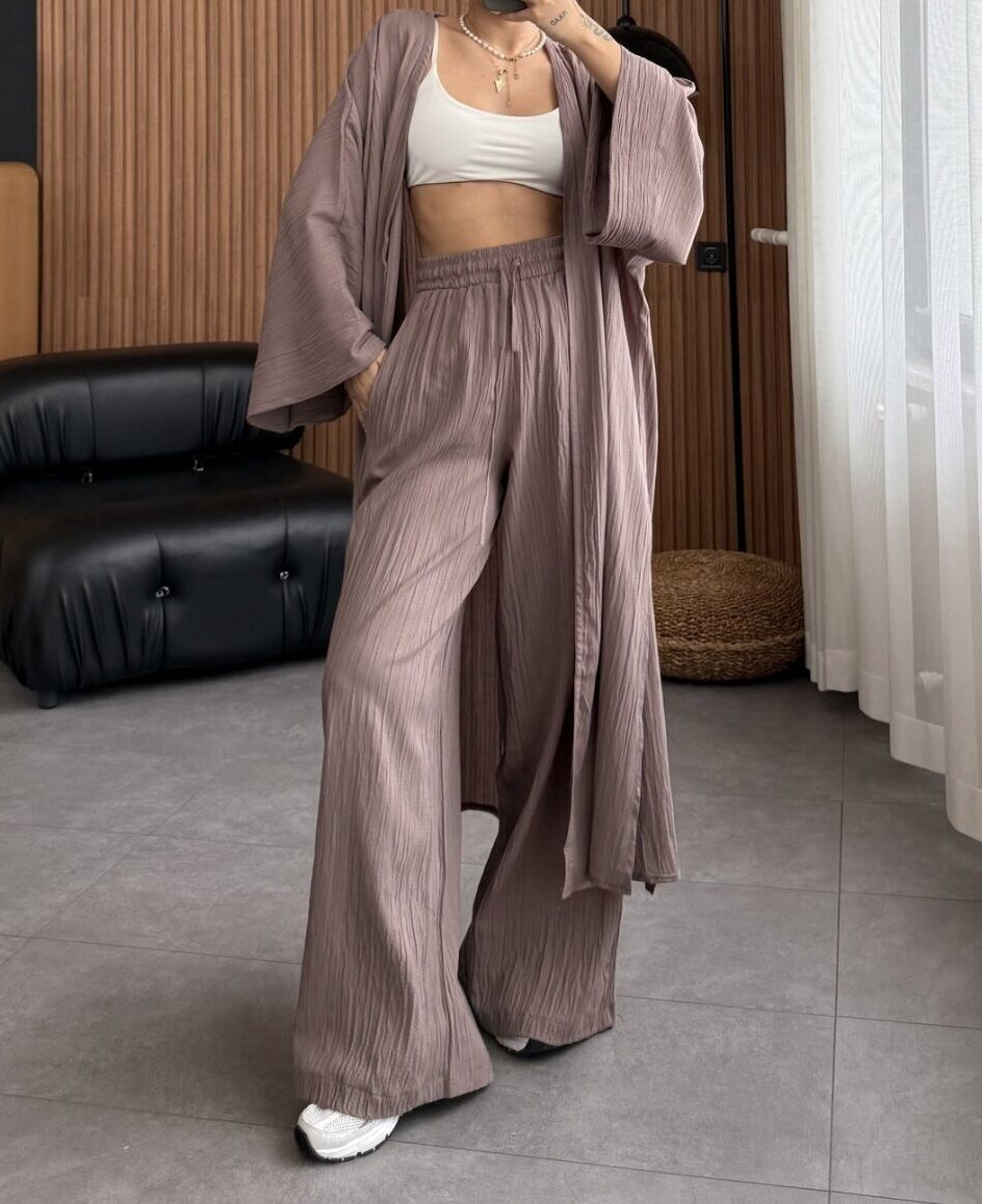 Uzun Kimono Gofre Takım Mürdüm