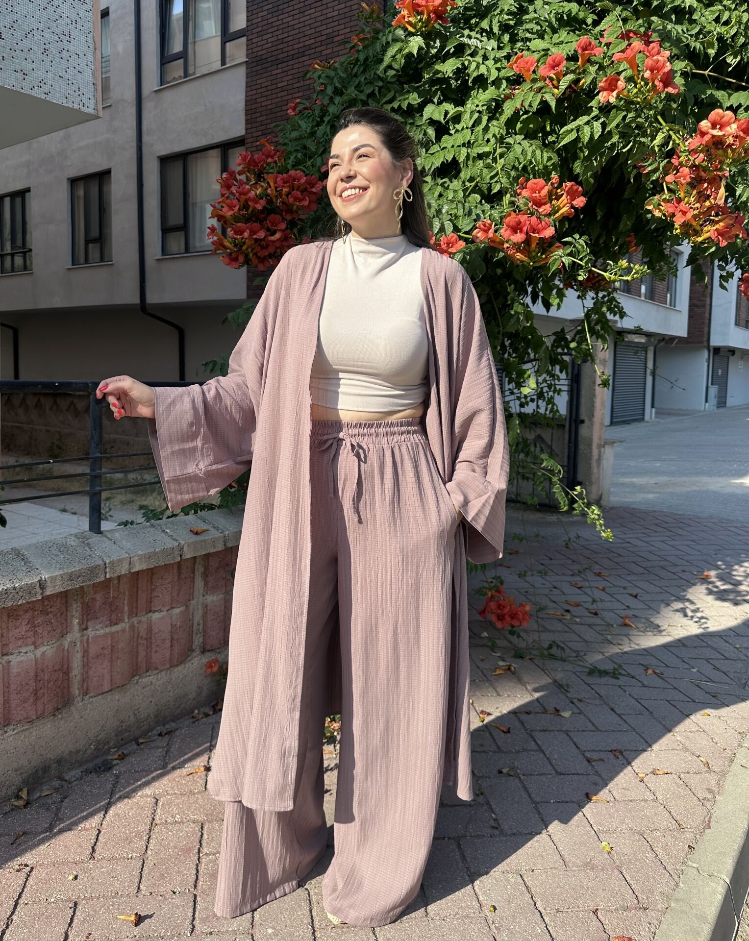 Uzun Kimono Gofre Takım Mürdüm