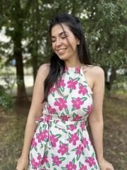 Çiçekli Keten Elbise Pembe