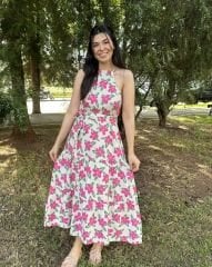 Çiçekli Keten Elbise Pembe