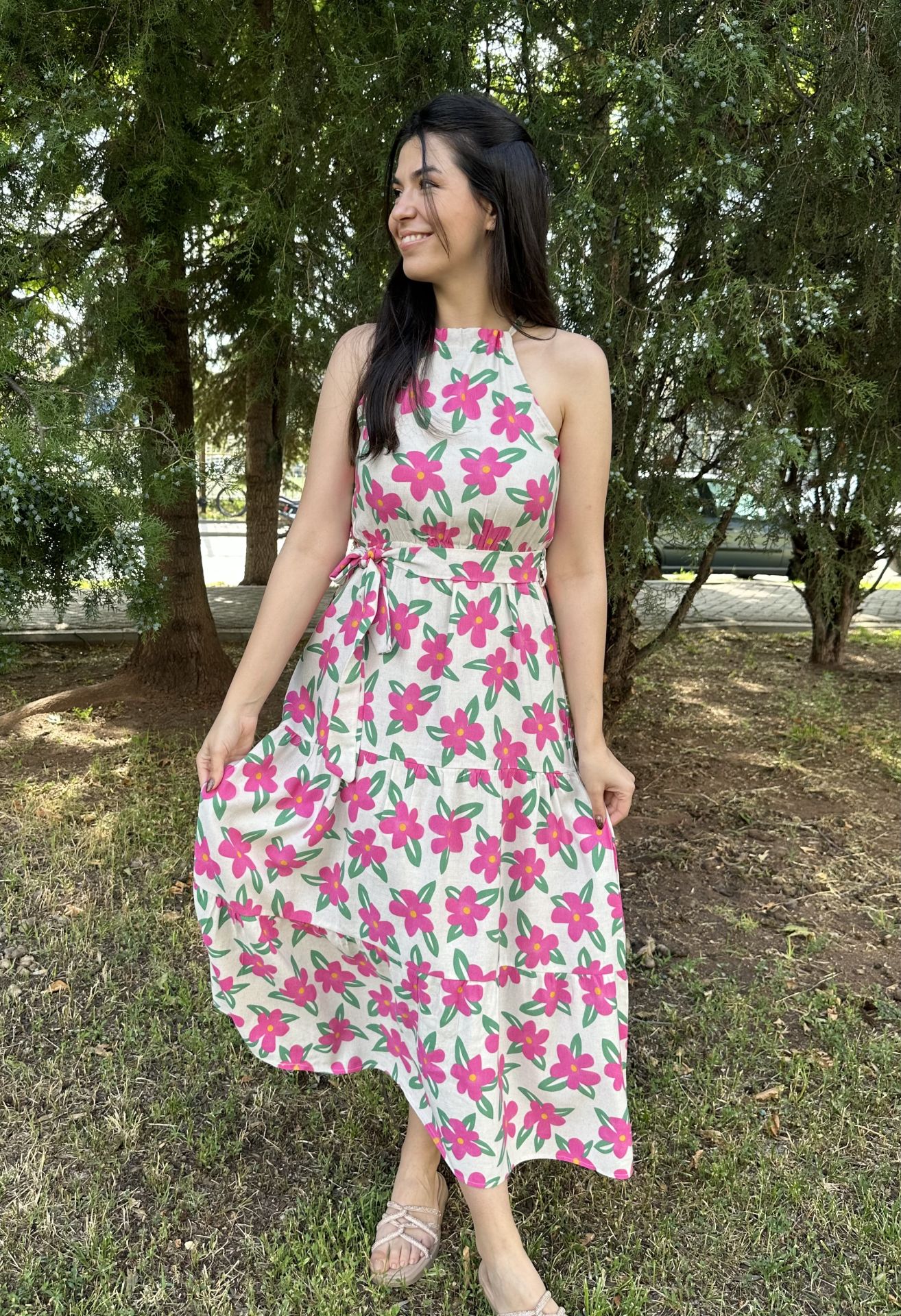 Çiçekli Keten Elbise Pembe