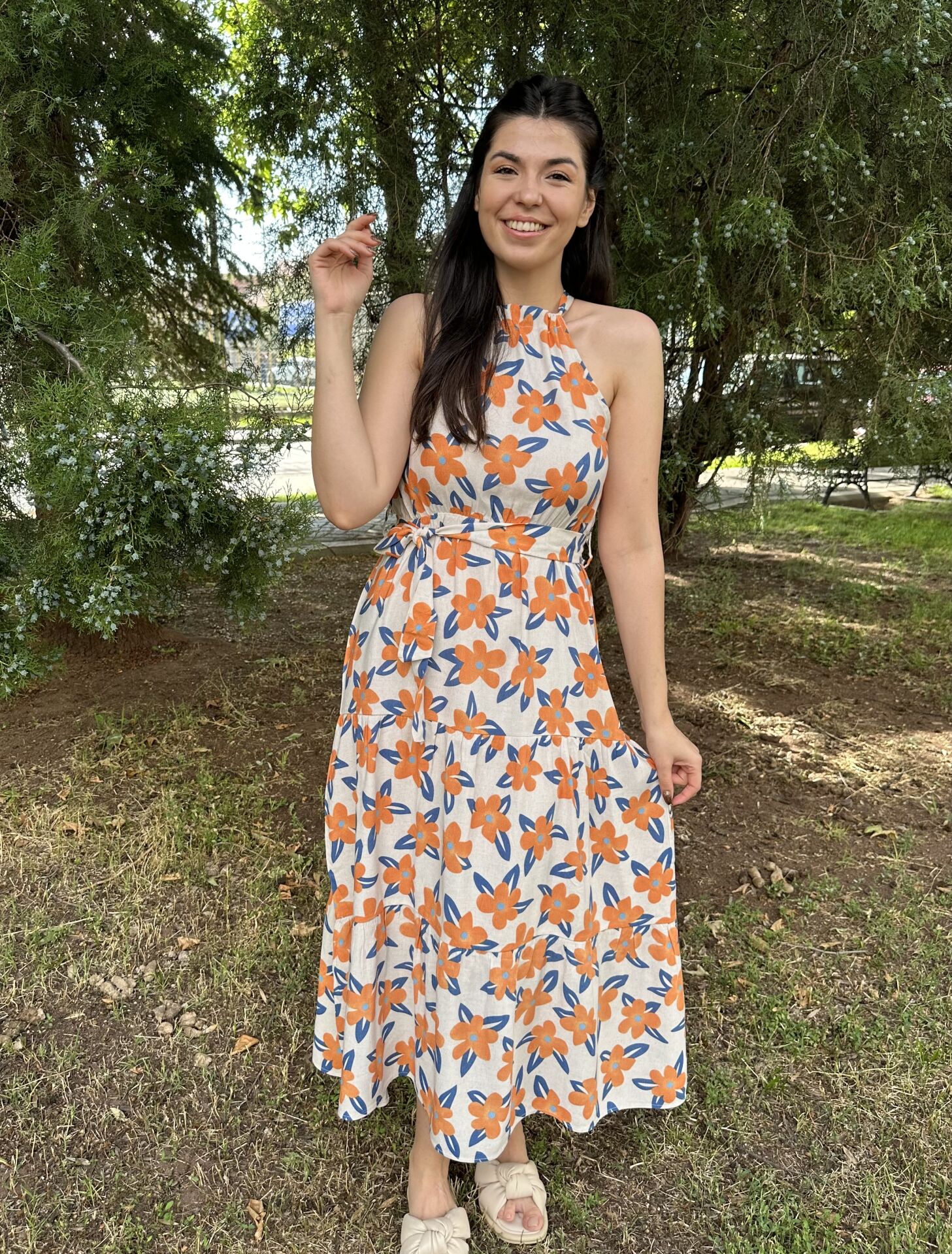 Çiçekli Keten Elbise Turuncu