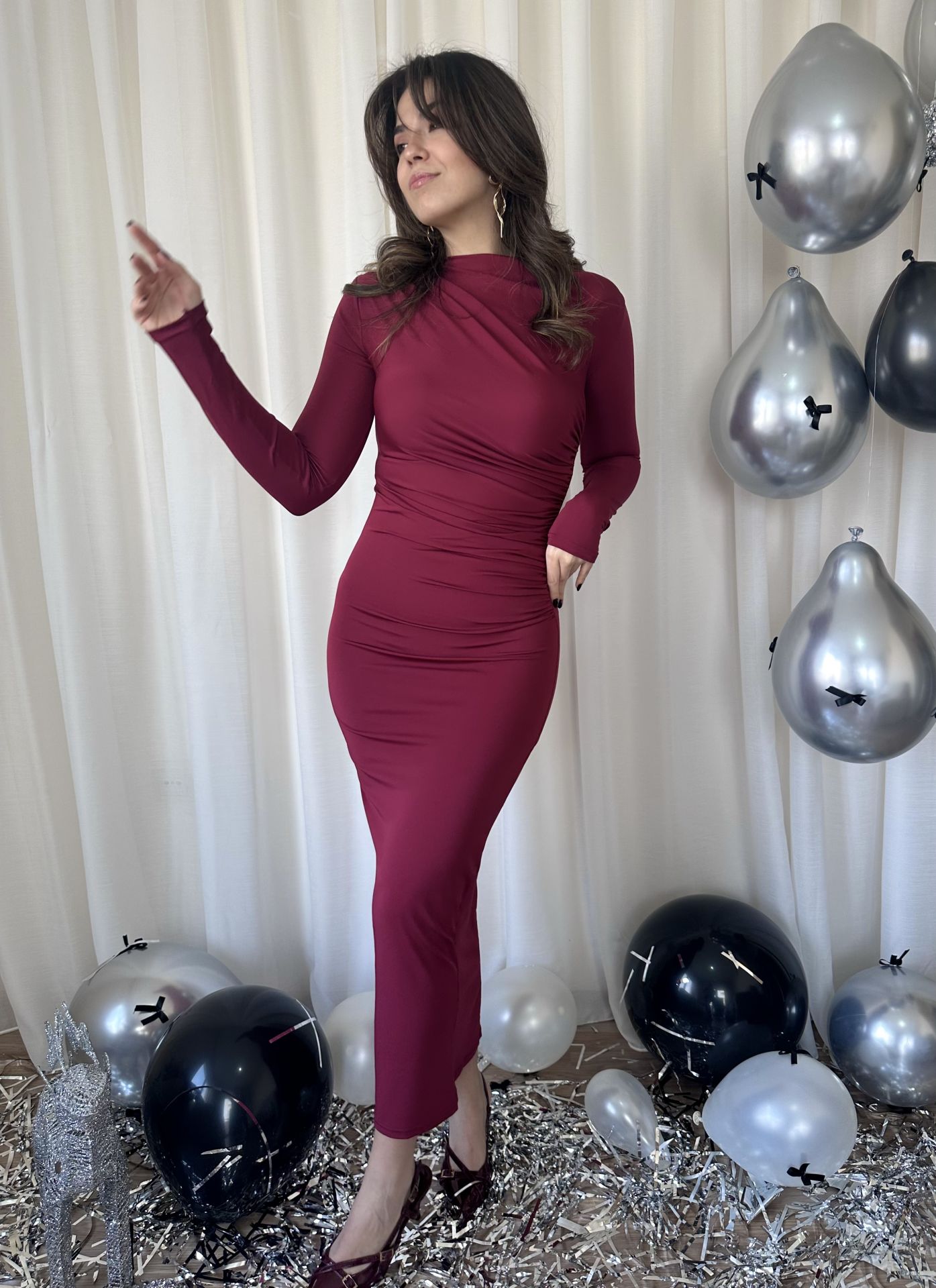 Lara Drapeli Bordo Elbise