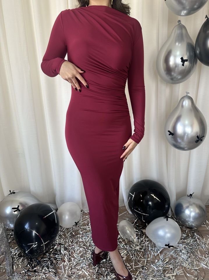 Lara Drapeli Bordo Elbise