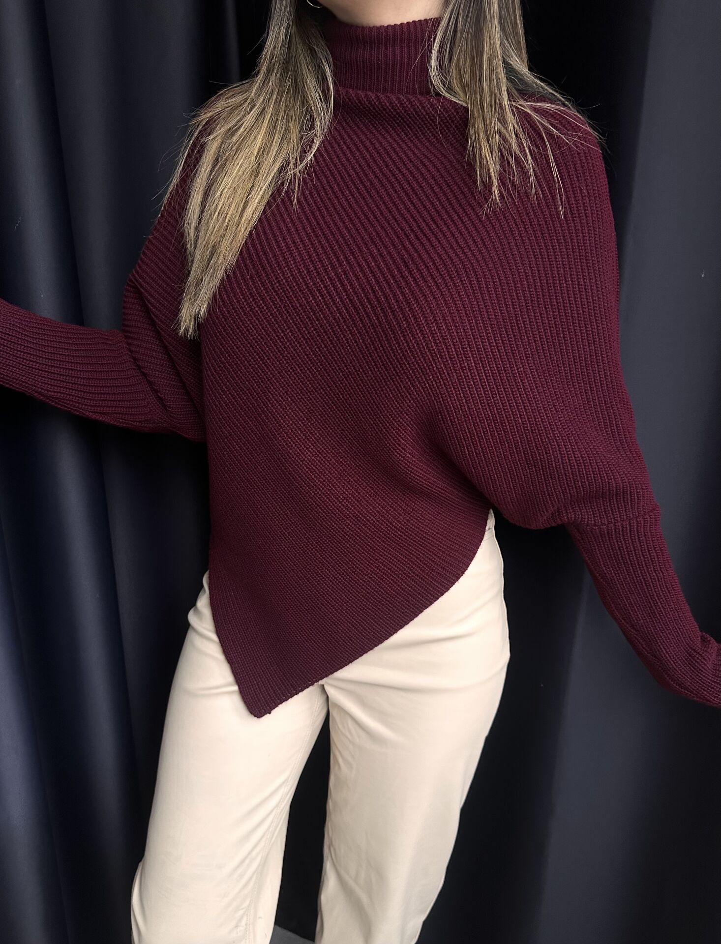 Asimetrik Kesim Mürdüm Yarasa Kol Kazak