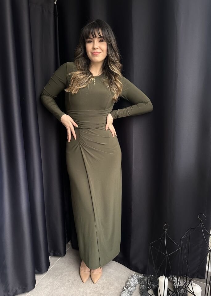 Haki Yeşili Drapeli Sandy Elbise