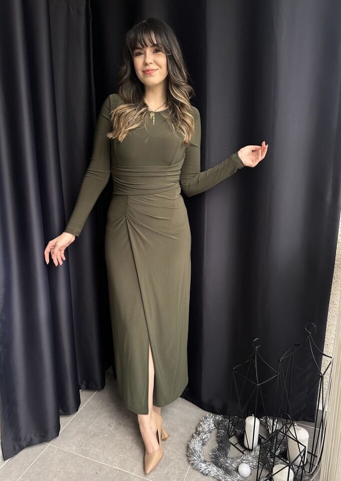 Haki Yeşili Drapeli Sandy Elbise
