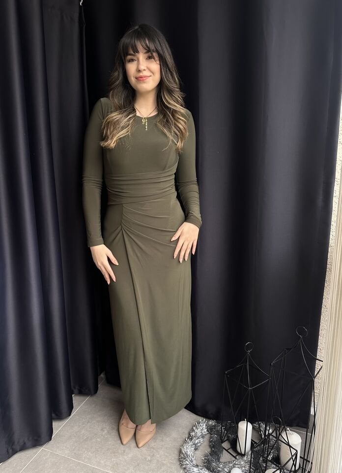 Haki Yeşili Drapeli Sandy Elbise