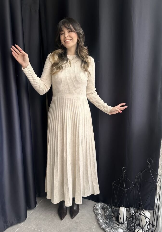 Kilya Taş Rengi Fitilli Elbise