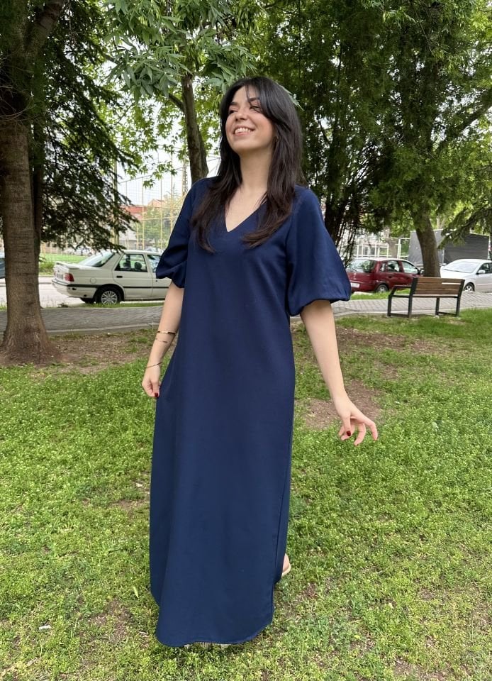 Kısa Balon Kol Keten Maksi Elbise Lacivert