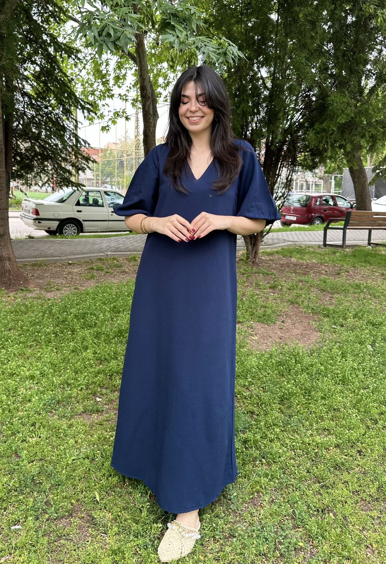 Kısa Balon Kol Keten Maksi Elbise Lacivert