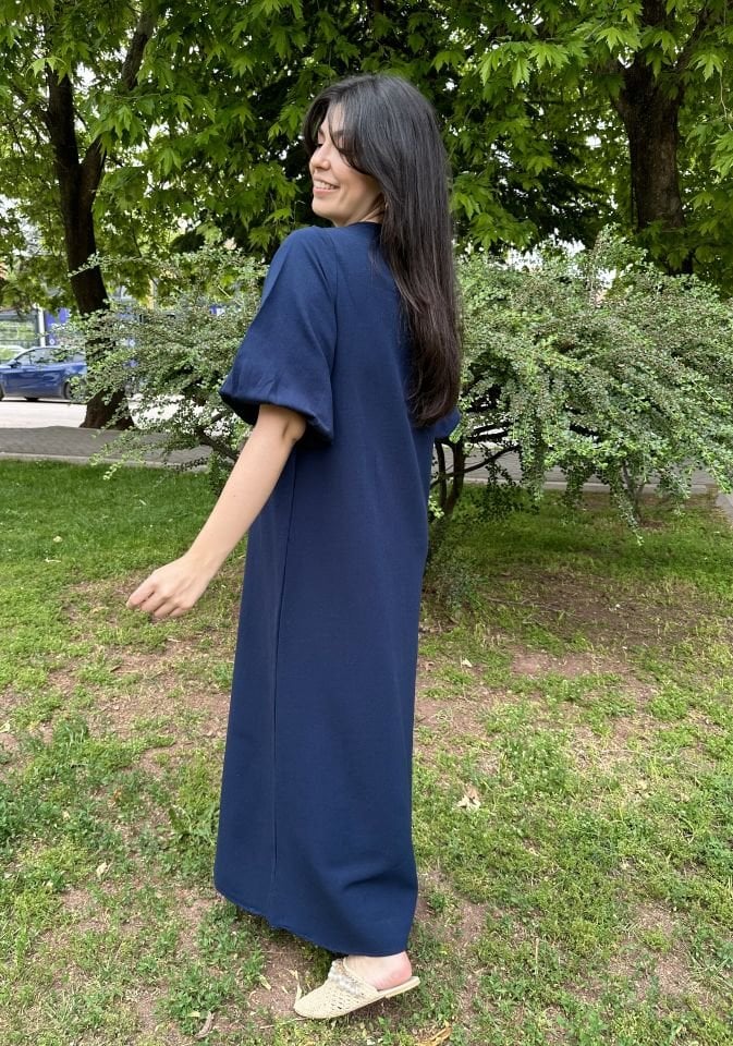 Kısa Balon Kol Keten Maksi Elbise Lacivert