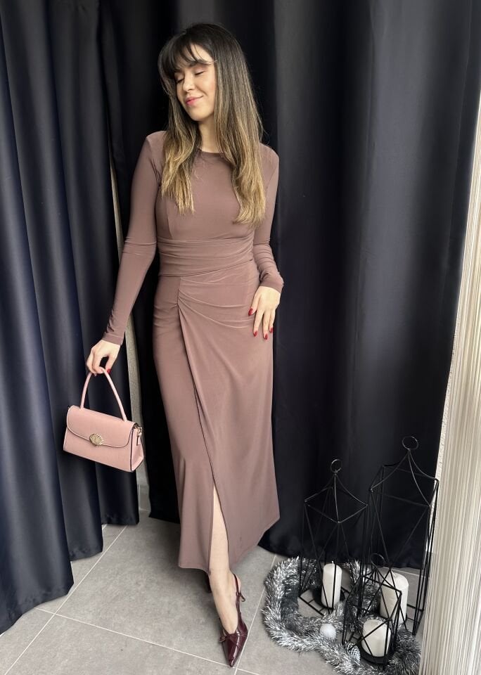 Sütlü Kahve Drapeli Yırtmaçlı Sandy Kumaş