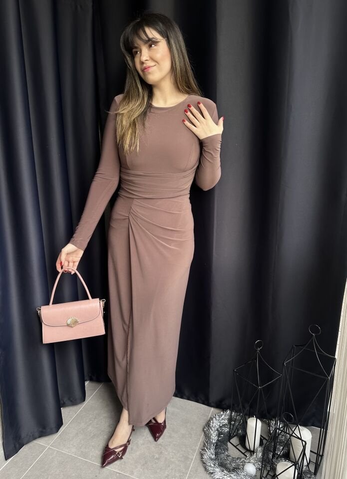 Sütlü Kahve Drapeli Yırtmaçlı Sandy Kumaş