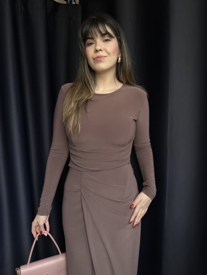 Sütlü Kahve Drapeli Yırtmaçlı Sandy Kumaş