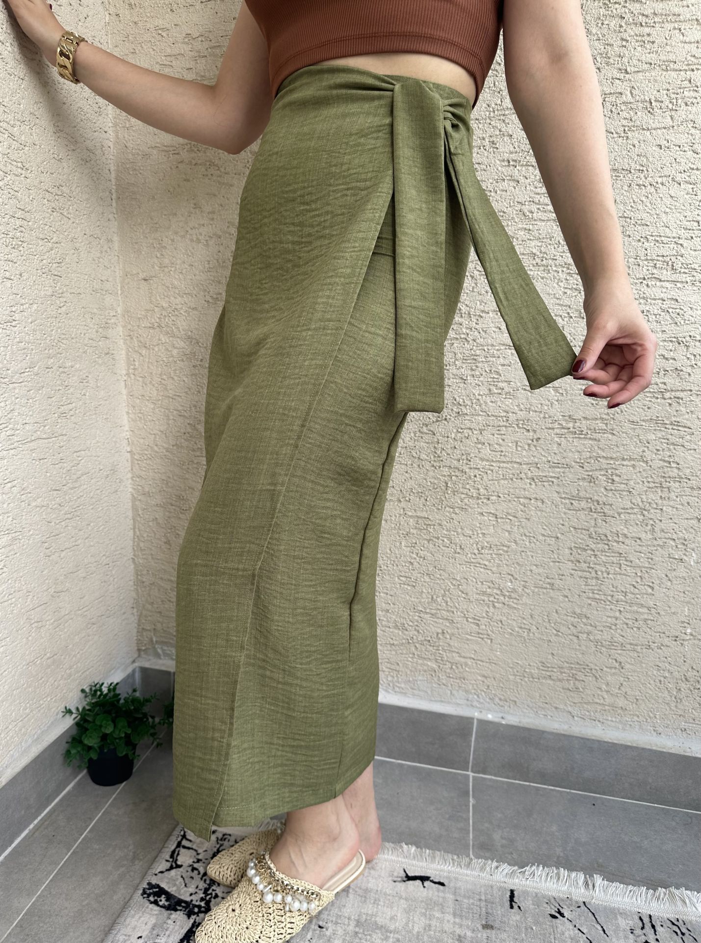 Anvelop  Bağlamalı Haki Maksi Etek