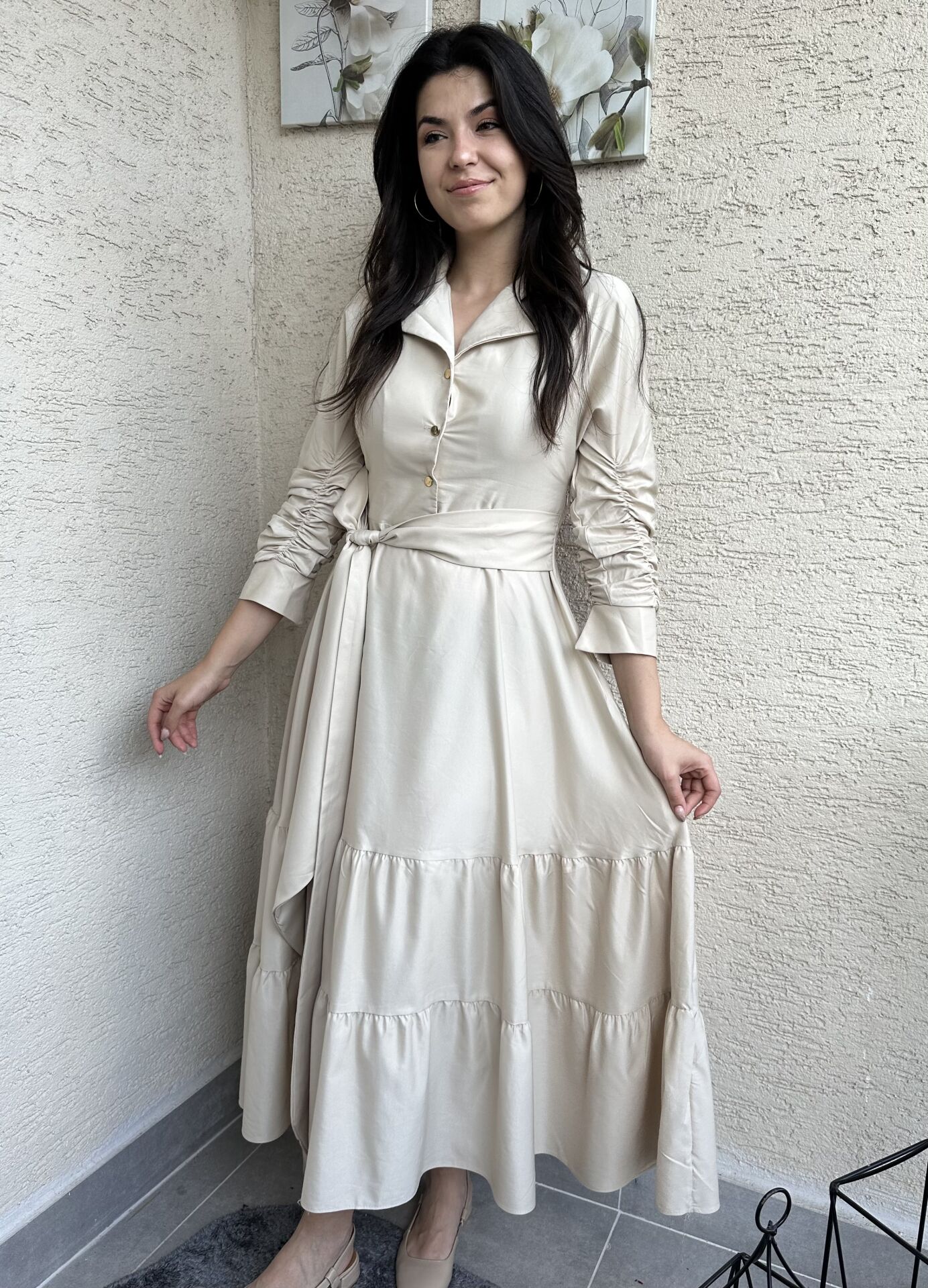 Taş Rengi  Pamuk Saten Fiyonklu Elbise