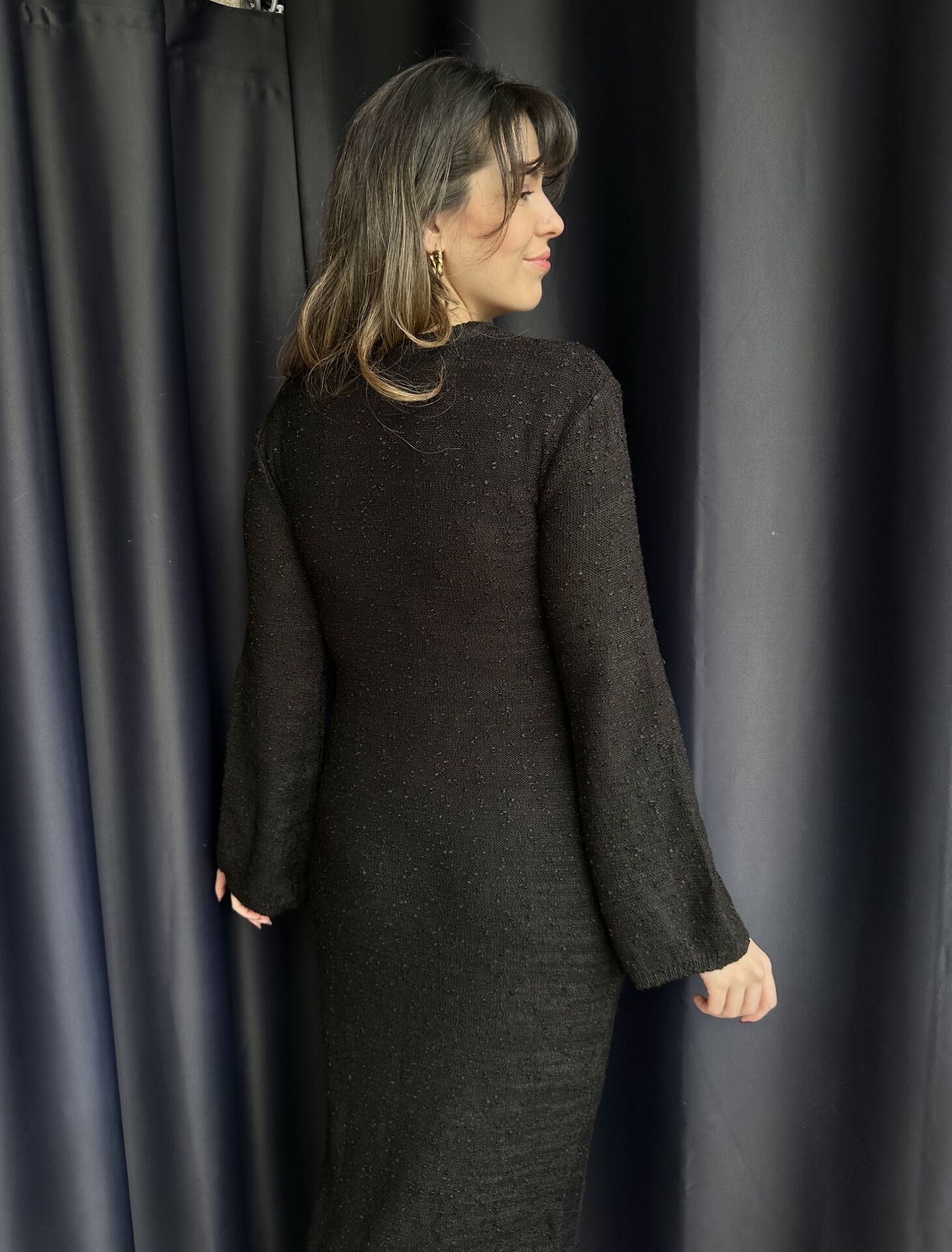 Dokulu Siyah Maksi Elbise