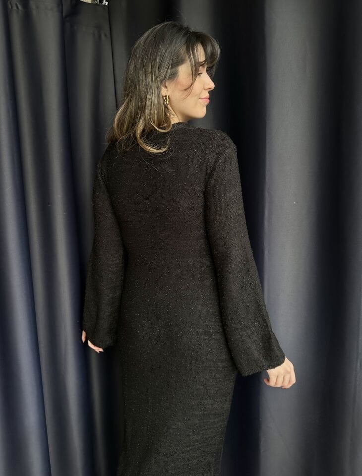 Dokulu Siyah Maksi Elbise