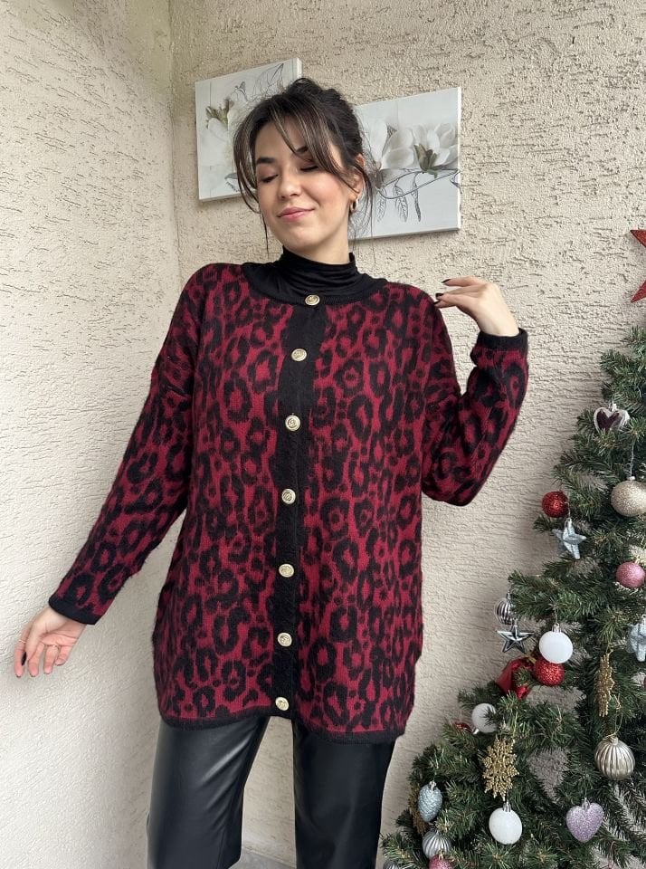 Leopar Desen Bordo Gold Düğmeli Hırka