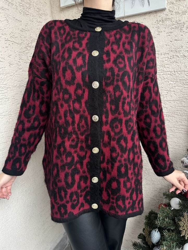 Leopar Desen Bordo Gold Düğmeli Hırka