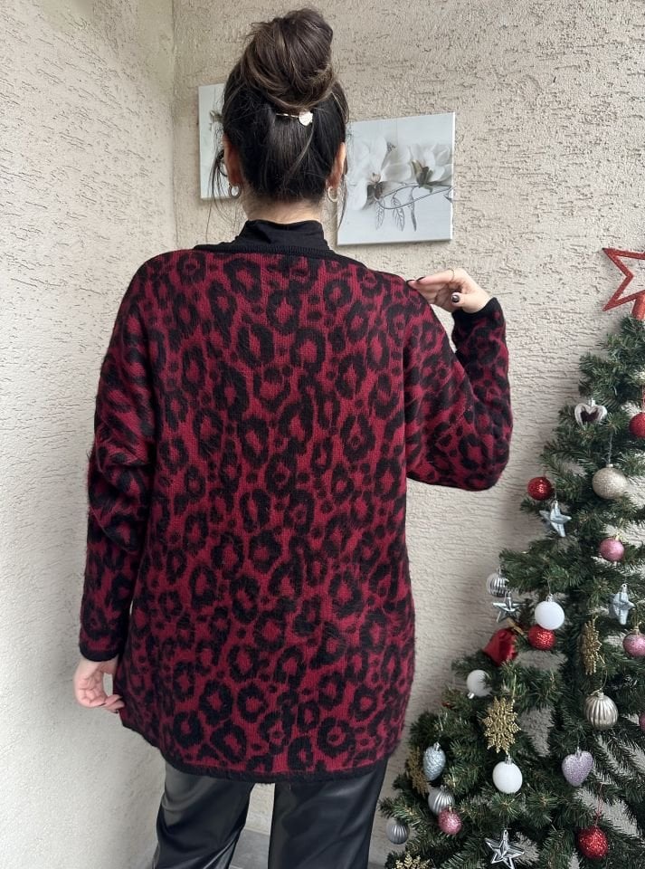 Leopar Desen Bordo Gold Düğmeli Hırka