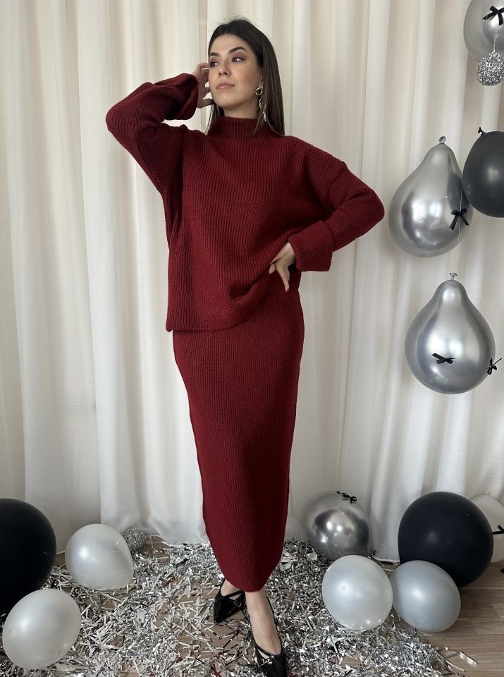 Kolu Yırtmaçlı Kazak Etek Triko Takım Bordo