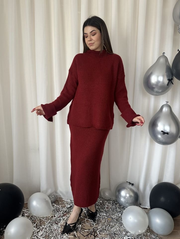 Kolu Yırtmaçlı Kazak Etek Triko Takım Bordo