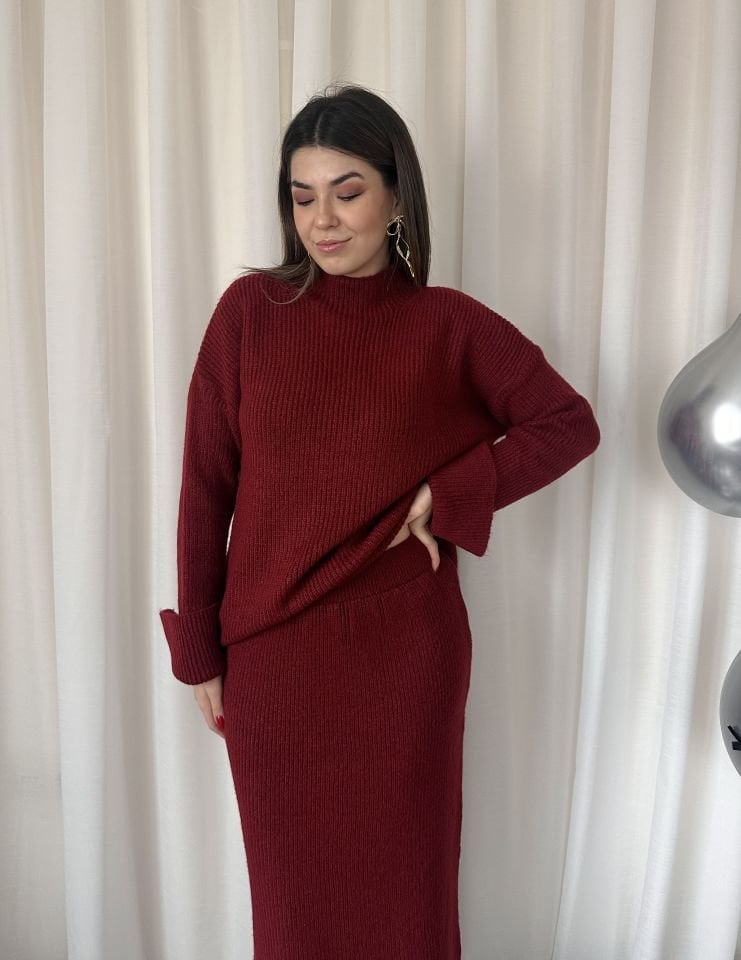 Kolu Yırtmaçlı Kazak Etek Triko Takım Bordo
