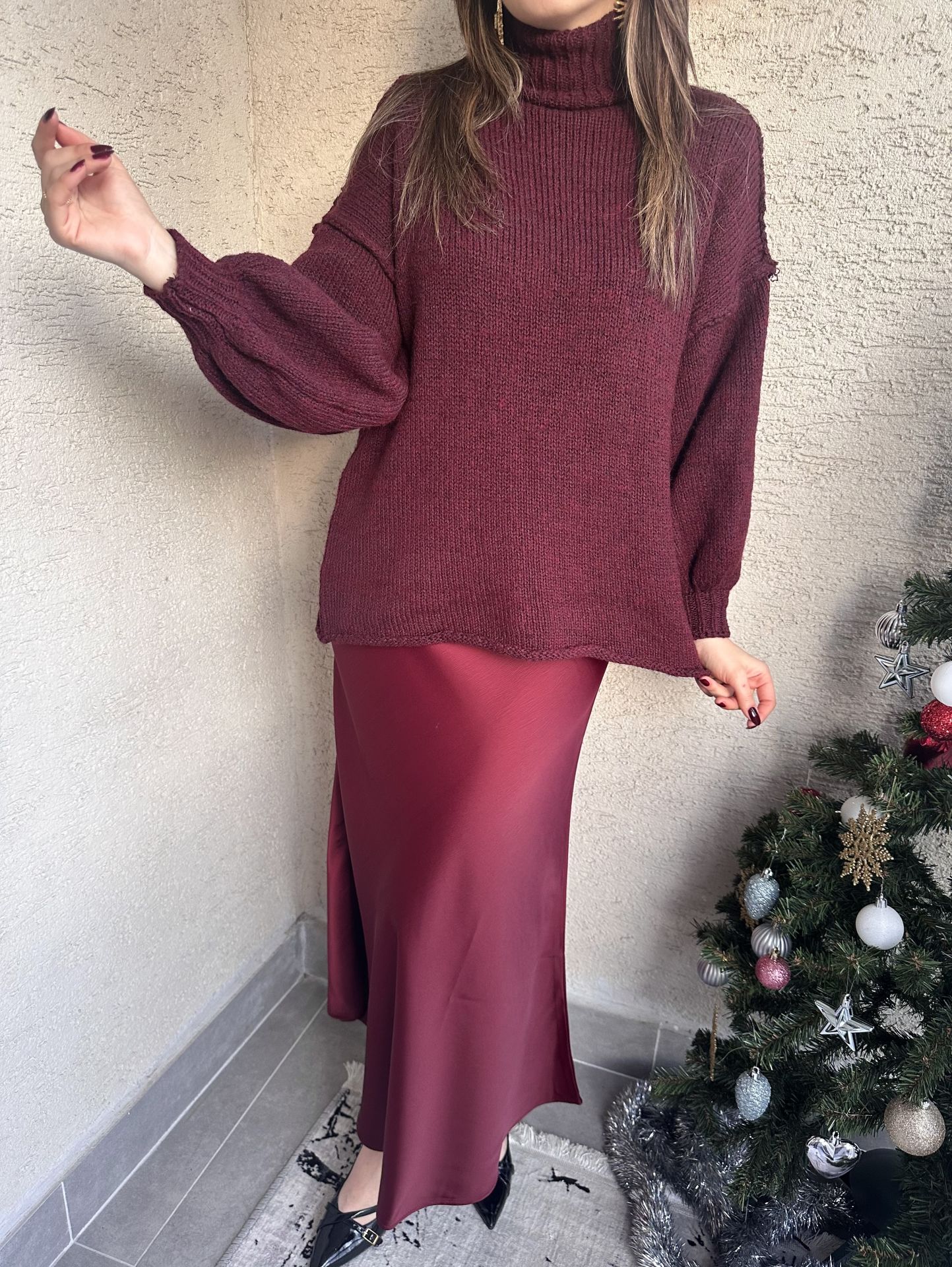 Bordo Ters Dikiş Balon Kol Kazak