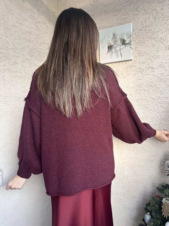 Bordo Ters Dikiş Balon Kol Kazak