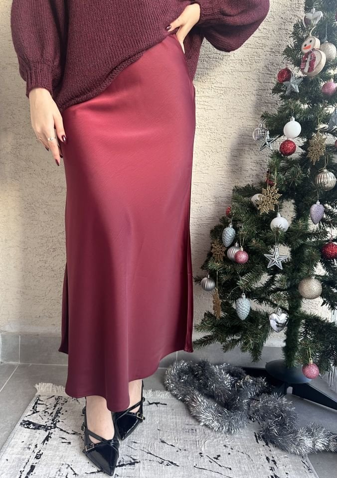 Bordo Maksi Saten Etek