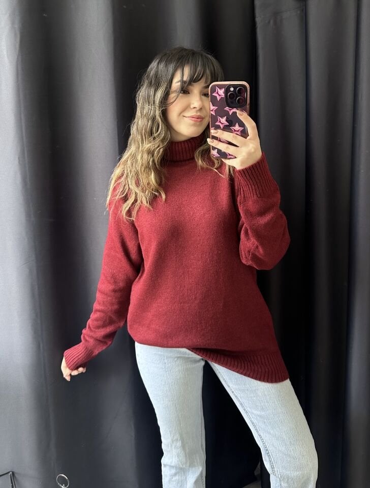 Boğazlı Bordo Triko Kazak