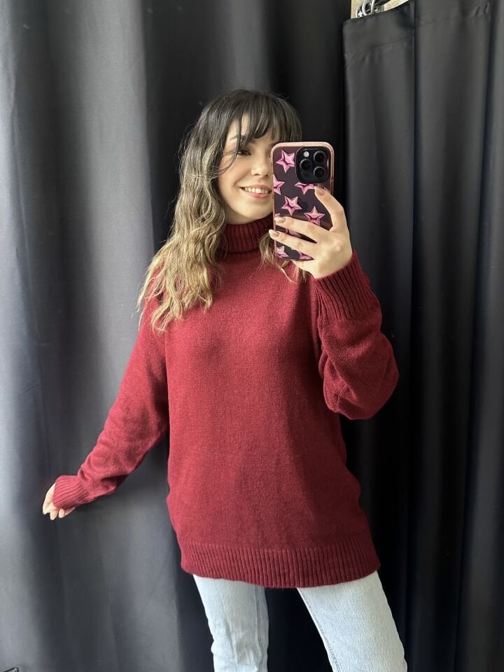 Boğazlı Bordo Triko Kazak