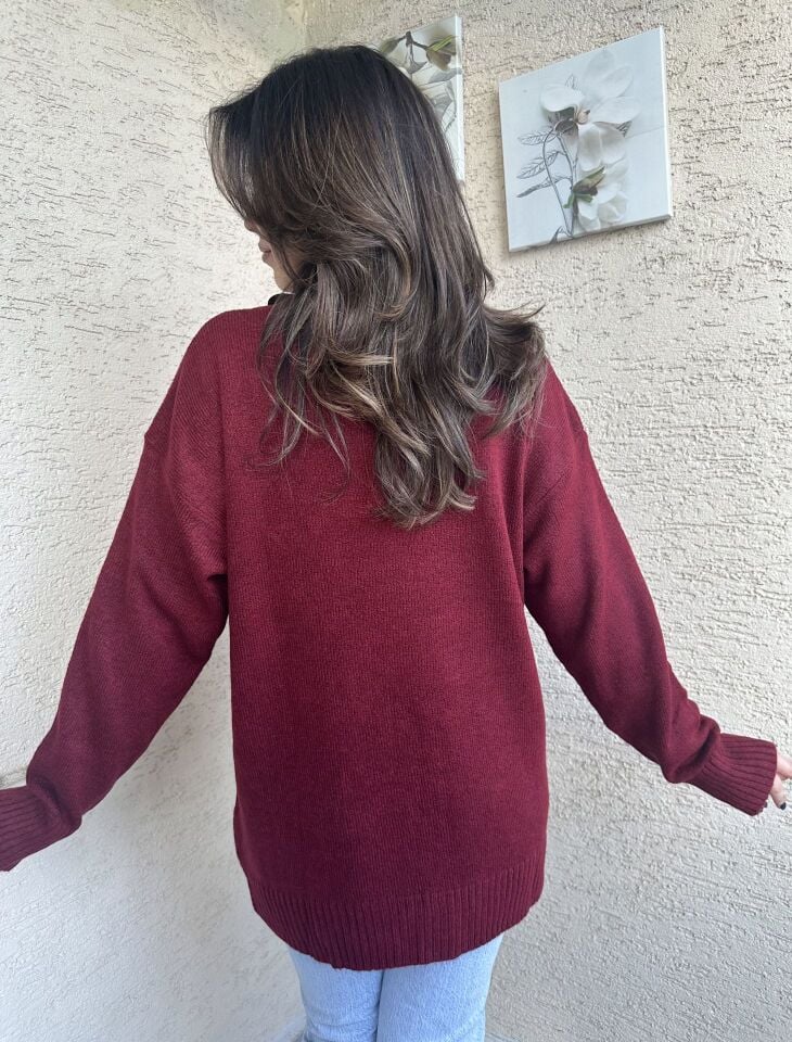 Boğazlı Bordo Triko Kazak