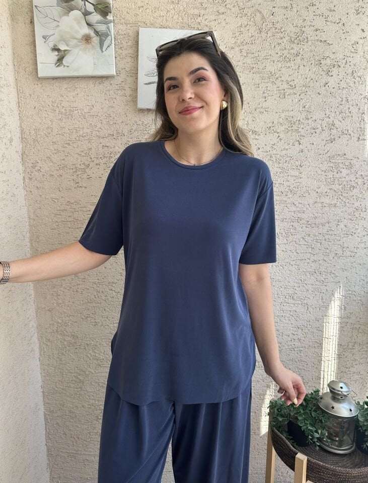 Lacivert Pileli Pantolon Tişört Modal Takım