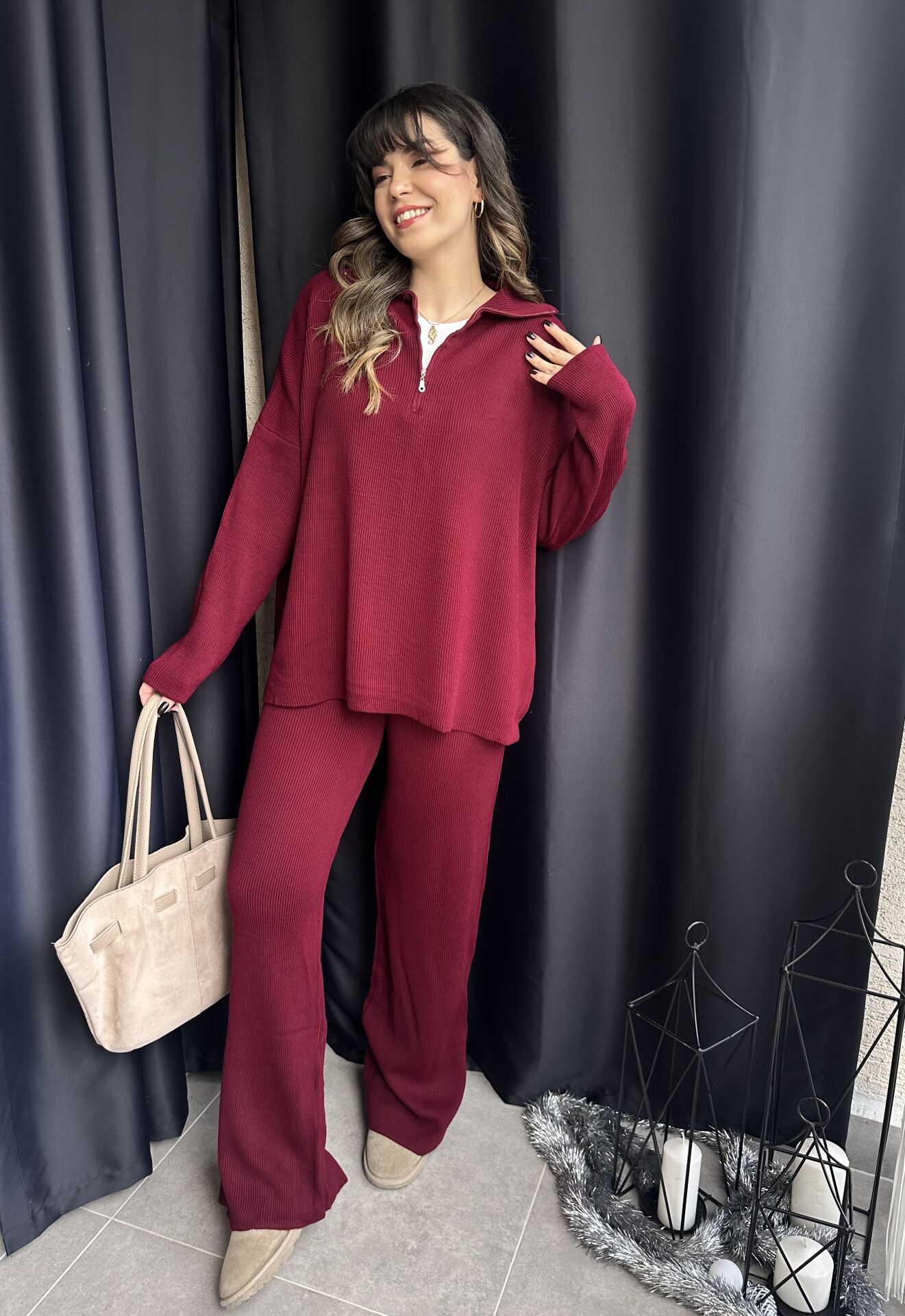 Fermuarlı Bordo Triko Takım