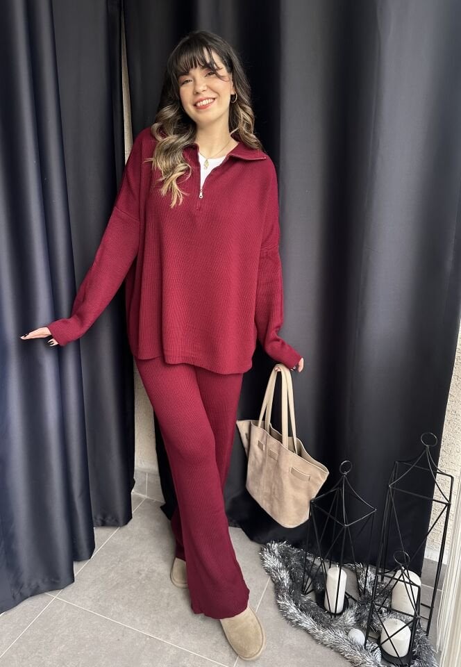 Fermuarlı Bordo Triko Takım