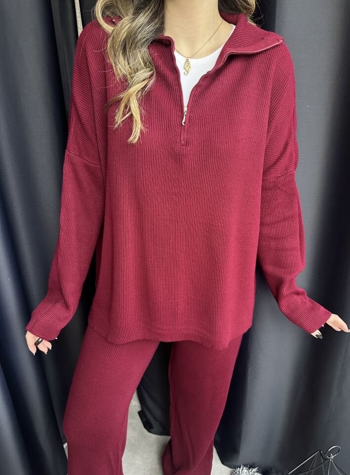 Fermuarlı Bordo Triko Takım