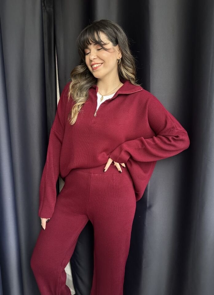 Fermuarlı Bordo Triko Takım
