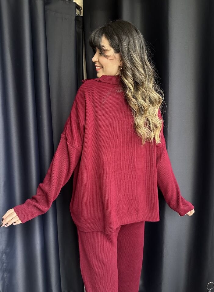 Fermuarlı Bordo Triko Takım