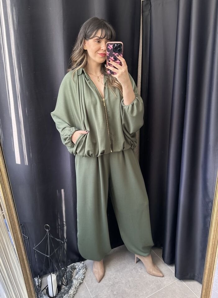 Haki Yeşili Fermuarlı Şalvar Takım
