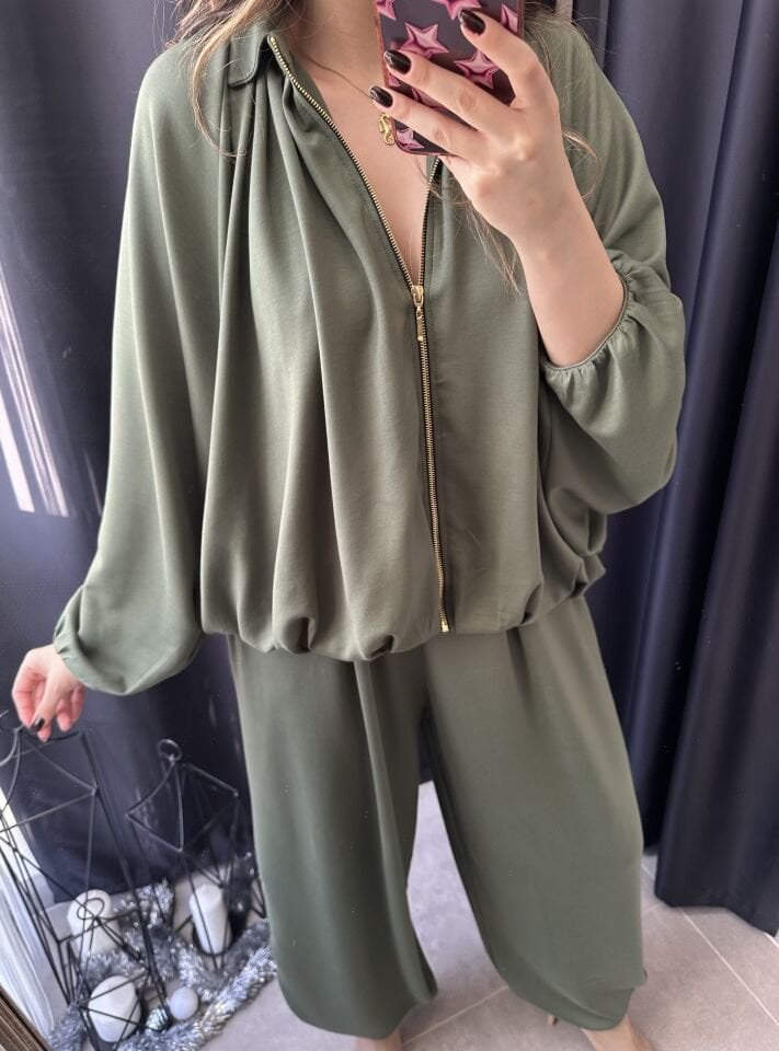 Haki Yeşili Fermuarlı Şalvar Takım