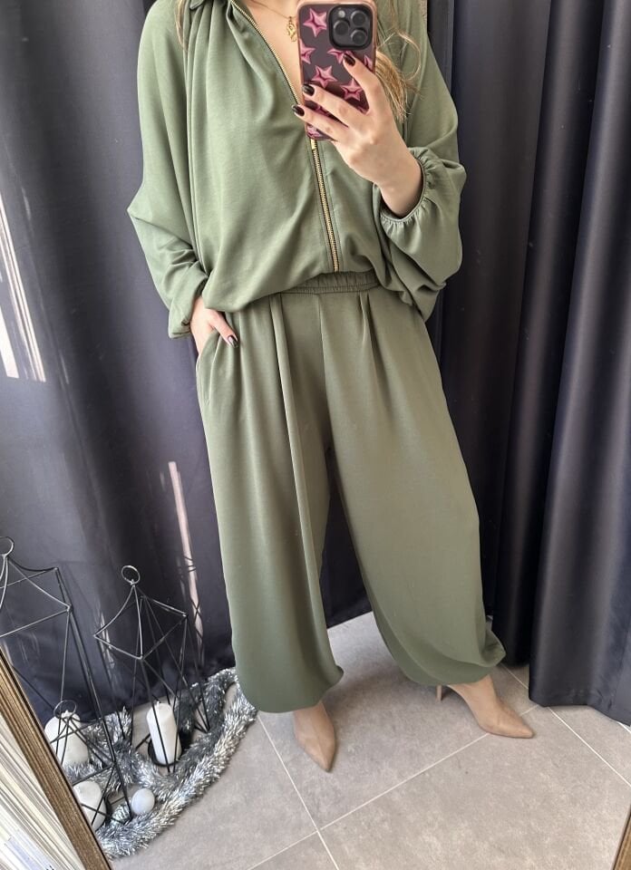 Haki Yeşili Fermuarlı Şalvar Takım