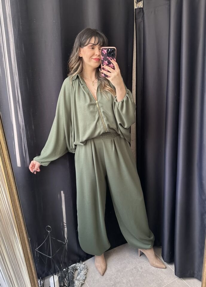 Haki Yeşili Fermuarlı Şalvar Takım