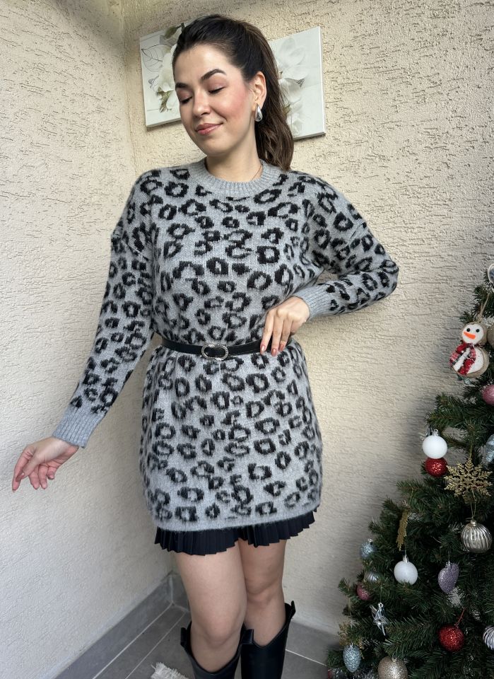 Leopar Desen Kemerli Gri Triko Kazak