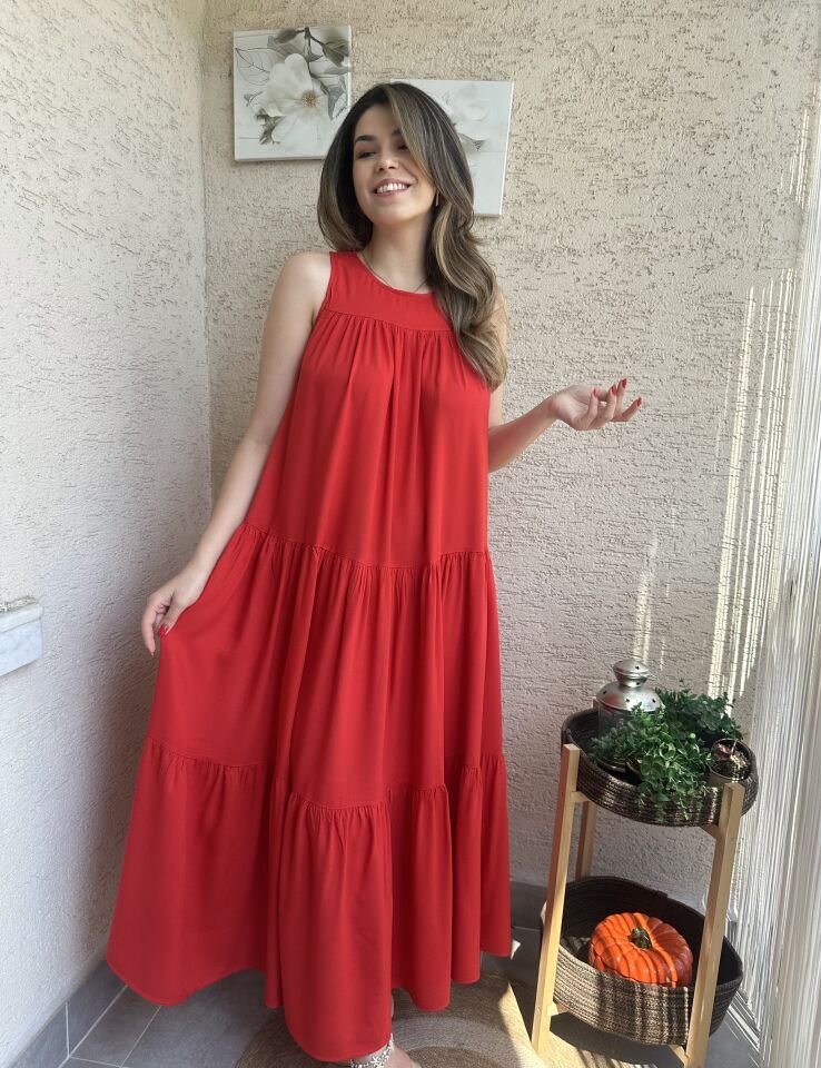 Kırmızı Sıfır Kol Katlı Maxi Elbise
