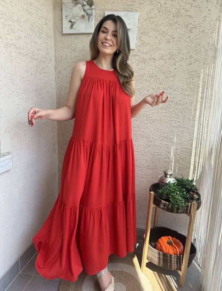 Kırmızı Sıfır Kol Katlı Maxi Elbise