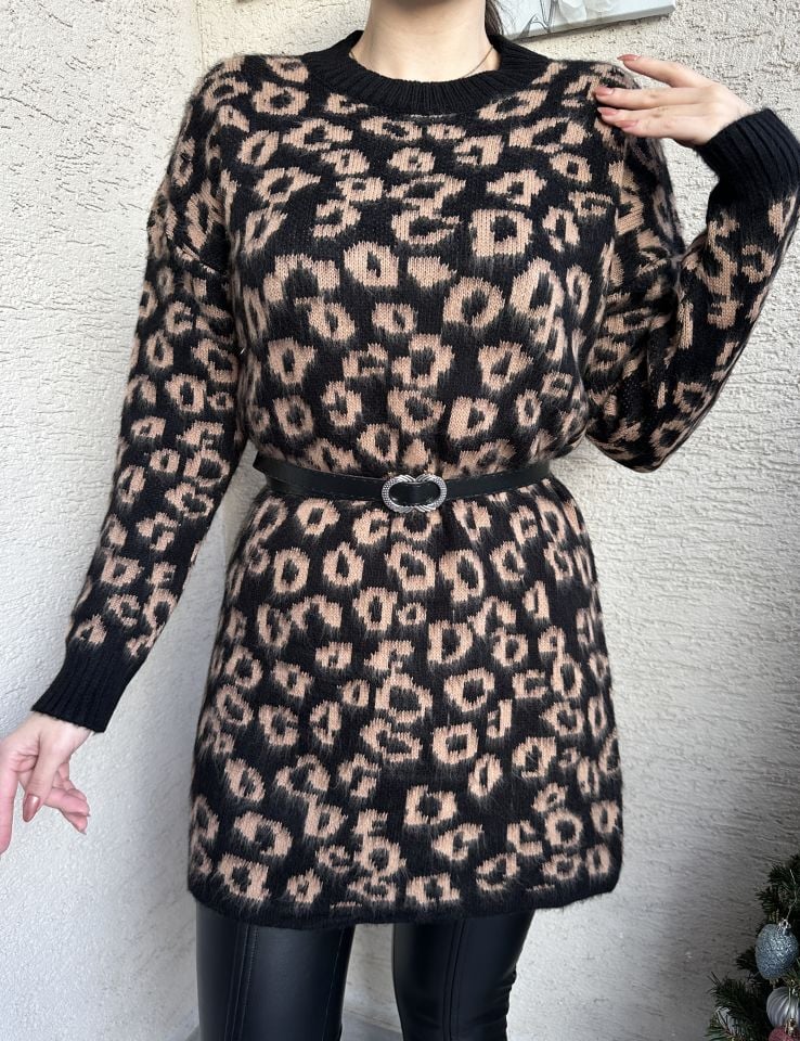 Leopar Desen Kemerli Taba Triko Kazak